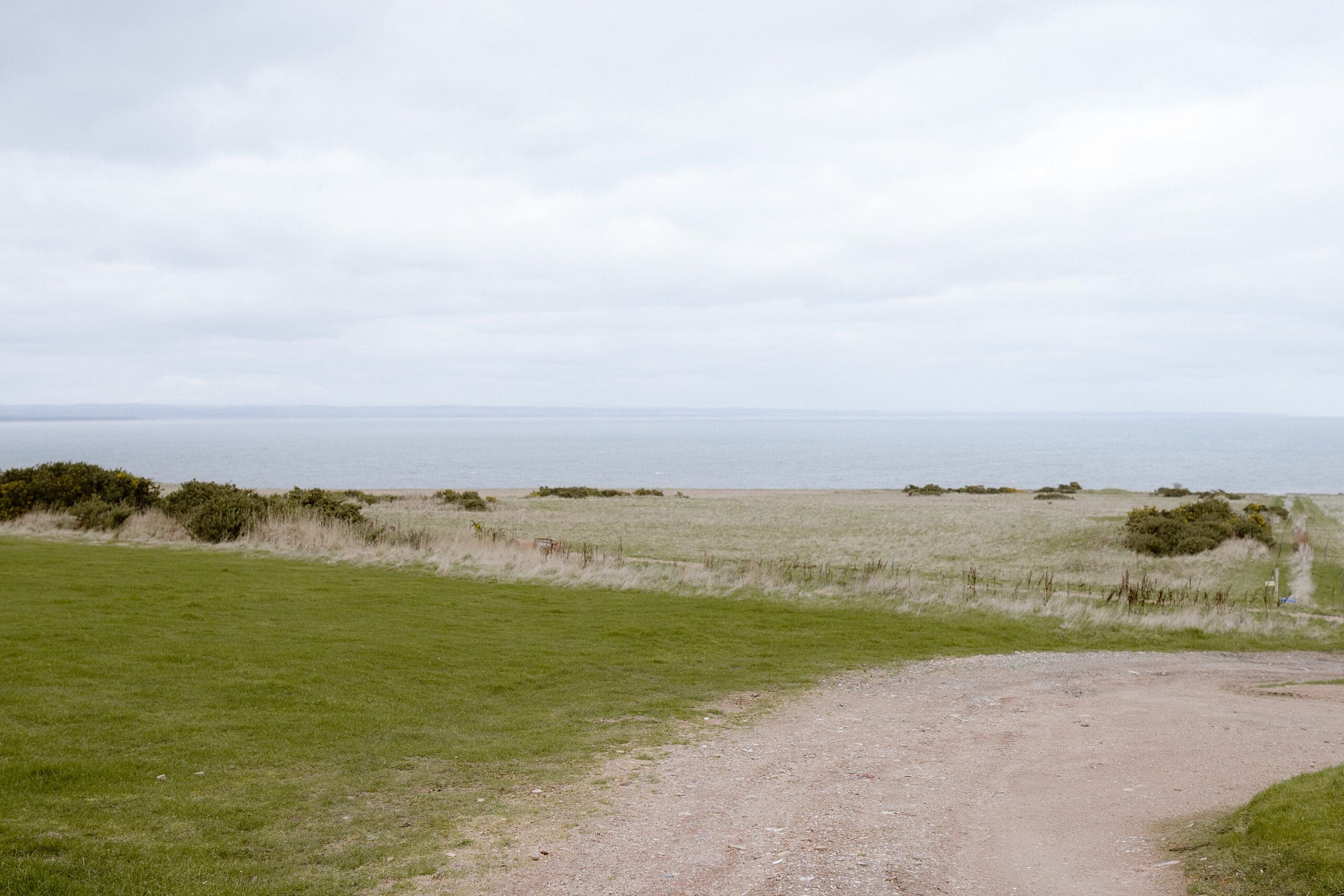 outside view with grass in the foreground and the sea in the distance captured by st andrews wedding photographer