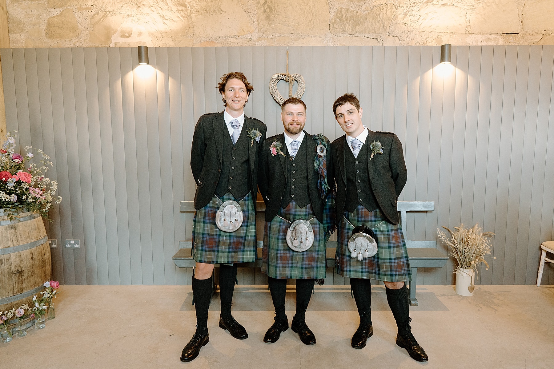 groom and groomsmen in kilts waiting for brides arrival at the den at culross wedding