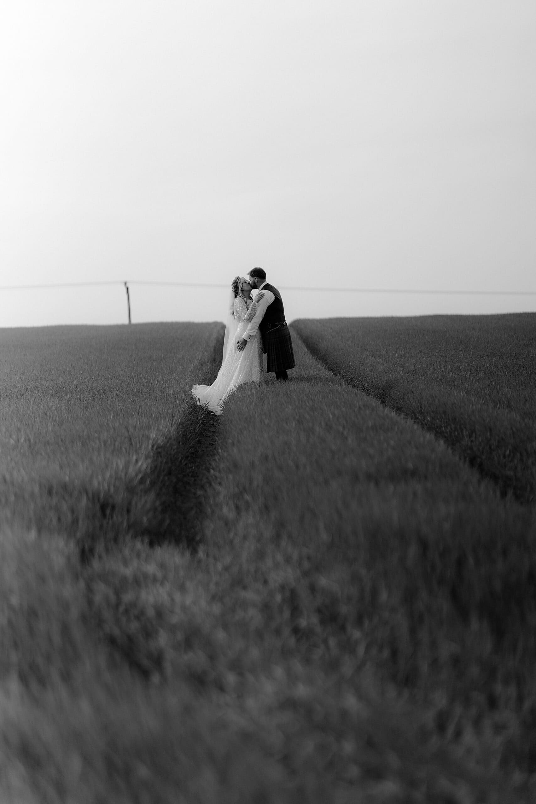 black and white wedding portrait of bride and groom in wheat field kissing at the den at culross wedding